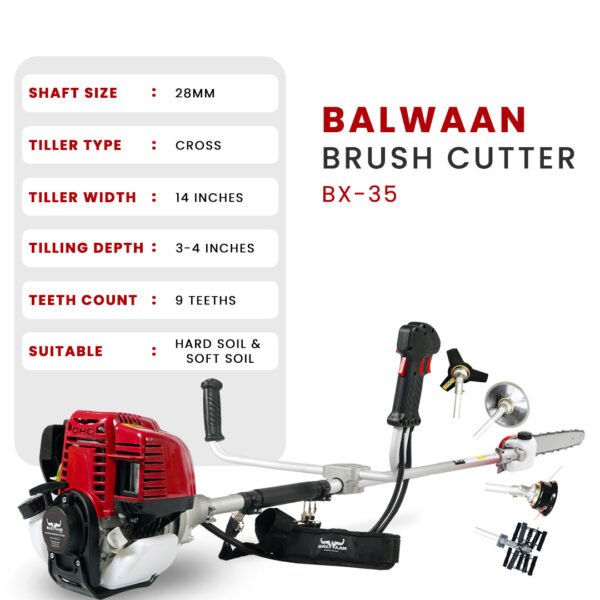 Balwaan BX‑35 Multi-Function Backpack Brush Cutter (35 cc, 2‑Stroke Engine, Grass Cutting + Chainsaw + Tiller Attachments) - Image 3