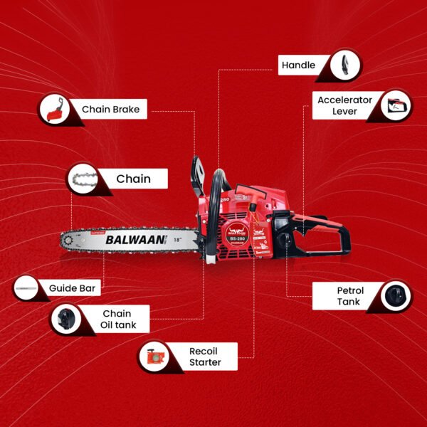 Balwaan BS‑280 Supremo Chainsaw | 62 cc 2‑Stroke Engine, 18″ Guide Bar, Free Sharpening Kit & 2T Oil - Image 2