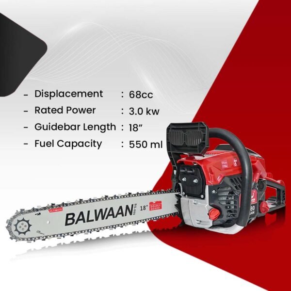 Balwaan BS‑680 Ultimate Chainsaw | 68 cc 2-Stroke Engine, 18″ Guide Bar, Free Sharpening Kit & 2T Oil - Image 5