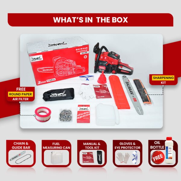 Balwaan BS‑680 Ultimate Chainsaw | 68 cc 2-Stroke Engine, 18″ Guide Bar, Free Sharpening Kit & 2T Oil - Image 4