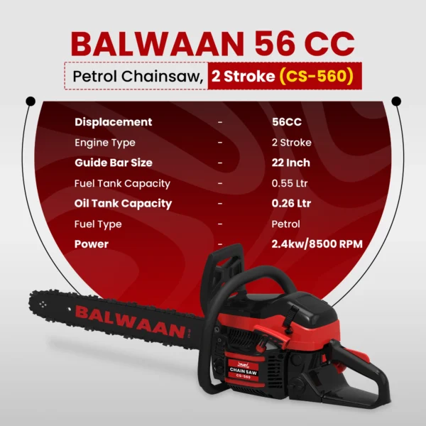 Balwaan CS‑560 Supremo Chainsaw | 56 cc 2‑Stroke Engine, 22 Inche Guide Bar - Image 6