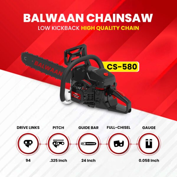 Balwaan CS‑580 Ultimate Chainsaw | 58 cc 2-Stroke Engine, 24 Inches Guide Bar - Image 3