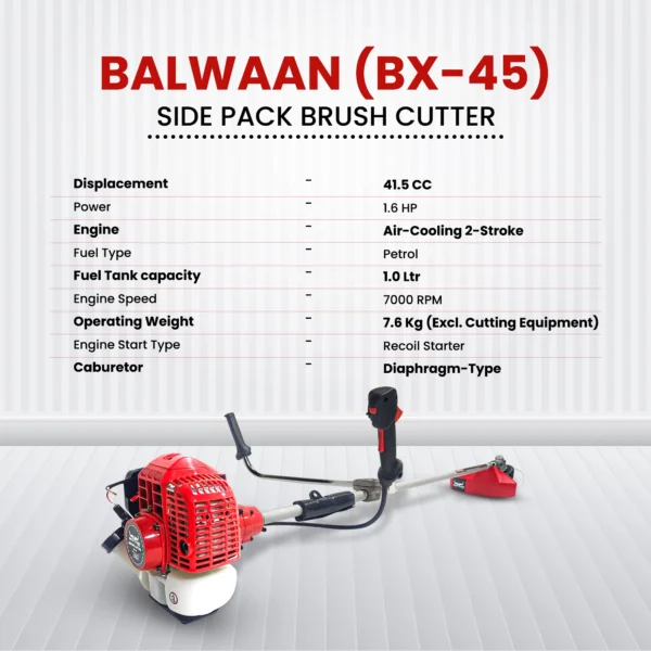 Balwaan BX‑45 Side Pack Brush Cutter (45cc, 2-Stroke Engine, Heavy-Duty Agricultural Use) - Image 3