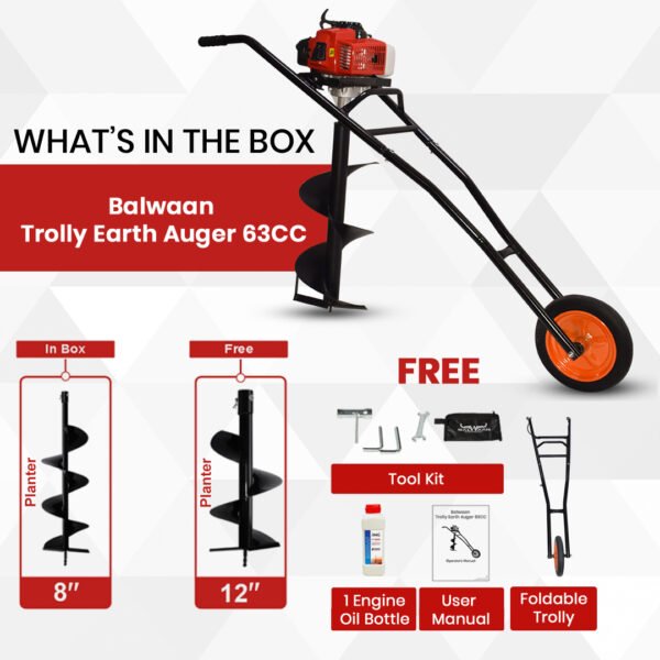 Balwaan Trolley Earth Auger 63cc ( 8" / 12" / 8+12 Inch Bit Optional, 2-Stroke Petrol Engine) – Heavy Duty Auger Machine for Farming, Fencing & Plantation - Image 4