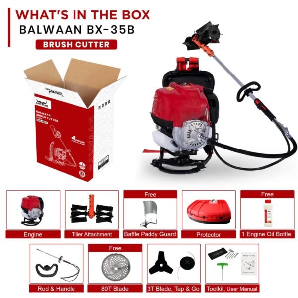 Balwaan BX‑35ST Side-Pack Brush Cutter with Tiller Attachment (35 cc, 2‑Stroke Engine, Dual-Function: Grass Cutting & Soil Tilling) - Image 6