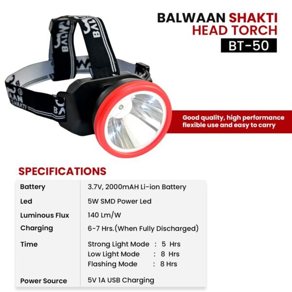 Balwaan Shakti LED Head Torch BT‑50 | 5 W SMD LED, 2000 mAh Li‑ion Battery, USB Rechargeable - Image 3