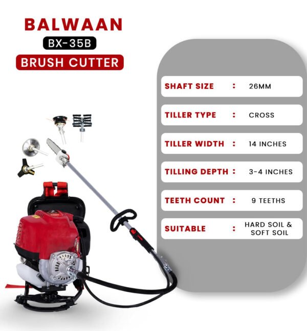 Balwaan BX‑35B Multi‑Function Backpack Brush Cutter (35 cc, 2‑Stroke Engine, Grass Cutting + Chainsaw + Tiller Attachments) - Image 3