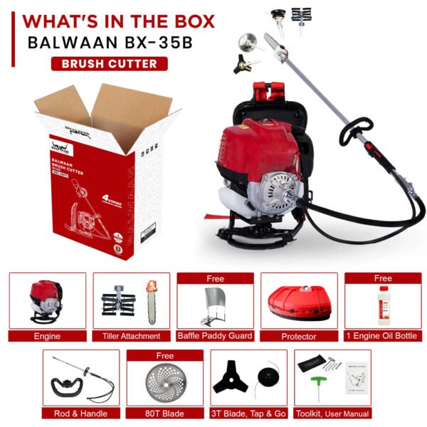 Balwaan BX‑35B Multi‑Function Backpack Brush Cutter (35 cc, 2‑Stroke Engine, Grass Cutting + Chainsaw + Tiller Attachments) - Image 5