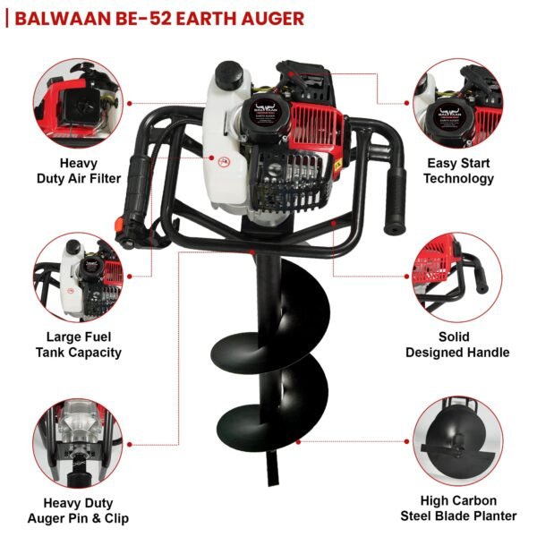 Balwaan BE‑52 Earth Auger 52cc (8/12 Inch Bit Optional, 2-Stroke Petrol Engine) – Heavy Duty Auger Machine for Farming, Fencing & Plantation - Image 3