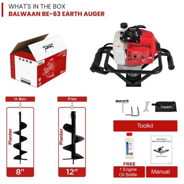 Balwaan BE‑63 Earth Auger 63cc ( 8" / 12" / 8+12 Inch Bit Optional, 2-Stroke Petrol Engine) – Heavy Duty Auger Machine for Farming, Fencing & Plantation - Image 4