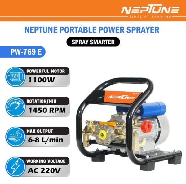 Neptune 1100W Electric Portable Power Sprayer (Brass High-Pressure Pump, Spray Gun, Hose – for Farming, Gardening & Vehicle Cleaning) - Image 6
