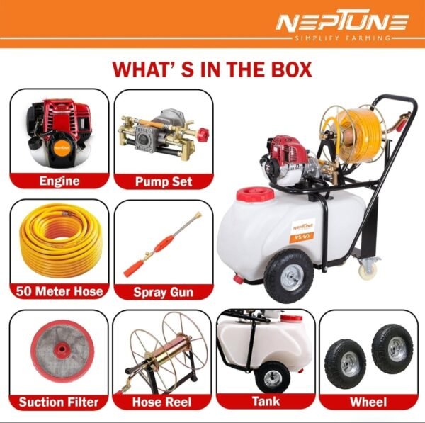 Neptune PS‑50 Portable Trolley Power Sprayer (26 cc 2‑Stroke Petrol Engine, 50 L Tank, 6–8 L/min Flow) - Image 5