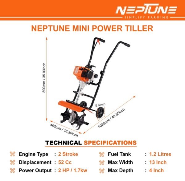 Neptune NC‑52T 52 cc 2‑Stroke Petrol Mini Tiller (25 cm Width, 10–12 cm Depth) - Image 2