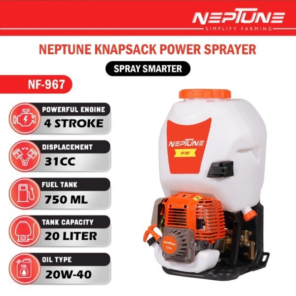 Neptune NF‑967 4-Stroke Knapsack Power Sprayer (31 cc Petrol Engine, Brass Pump, 25 L Tank, 200 PSI High Pressure) - Image 3