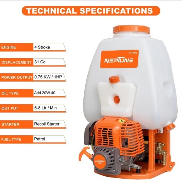 Neptune VN‑767 4‑Stroke Backpack Power Sprayer (25.6cc Petrol Engine, Aluminium Pump, 200 PSI, 25 L Tank) - Image 3