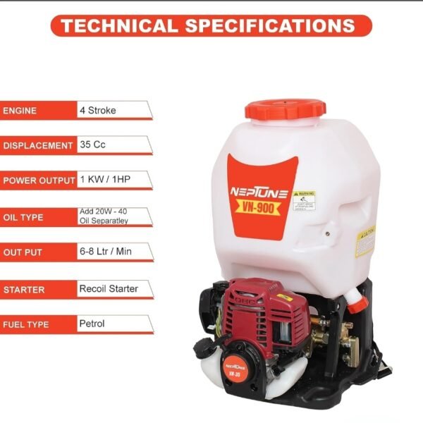 Neptune VN‑900 4-Stroke Knapsack Power Sprayer (35cc Petrol Engine, Brass Pump, 50 PSI, High Pressure) - Image 3