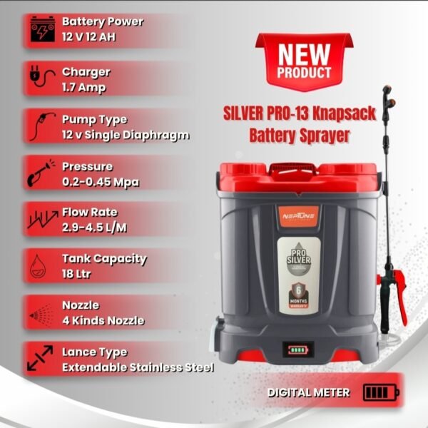 Neptune Silver Pro-13 Knapsack Battery Sprayer – 12V 12AH | 18L Tank | High Pressure | For Agriculture & Garden Use - Image 2