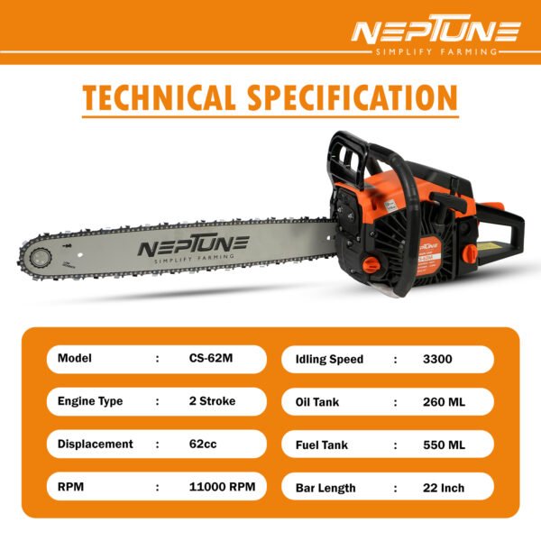 Neptune CS‑62 Heavy-Duty 62cc Petrol Chainsaw (2-Stroke, 22″ Guide Bar, Professional Wood Cutter) - Image 5