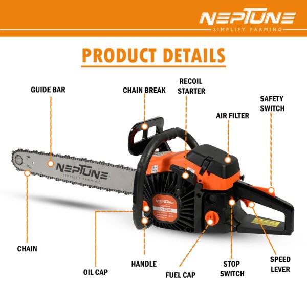 Neptune CS‑62 Heavy-Duty 62cc Petrol Chainsaw (2-Stroke, 22″ Guide Bar, Professional Wood Cutter) - Image 2