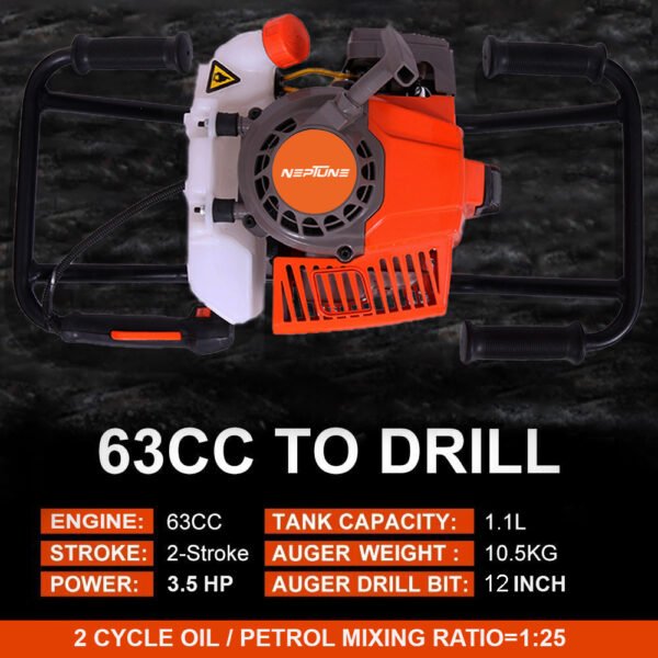 Neptune AG‑63 Double‑Person Petrol Earth Auger (63cc 2‑Stroke Engine, 10″ Drill Bit) - Image 10
