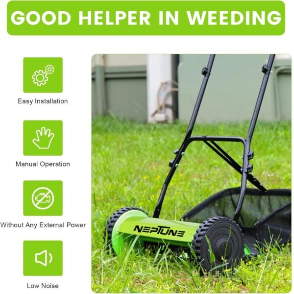 Neptune 16.5″ Manual Reel Lawn Mower (Adjustable Push Reel, 4-Blade Cutting, Lightweight Design) - Image 8