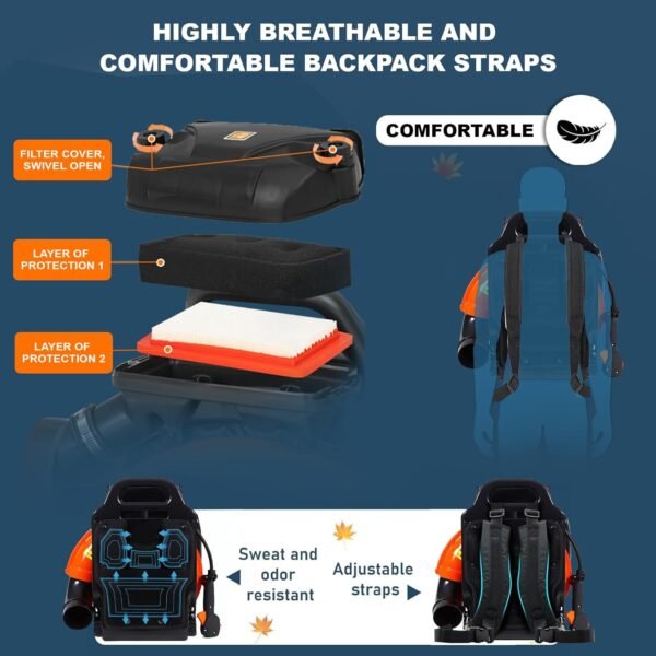 Neptune 63cc Backpack Petrol Leaf Blower (2‑Stroke Engine, Air Volume ~0.3 m³/s, High Velocity, Backpack Design) - Image 5