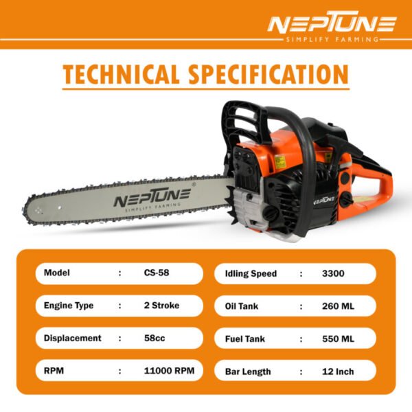 Neptune CS‑58 22″ Petrol Chain Saw (2‑Stroke Engine, Heavy-Duty Bar, Easy Start) - Image 5