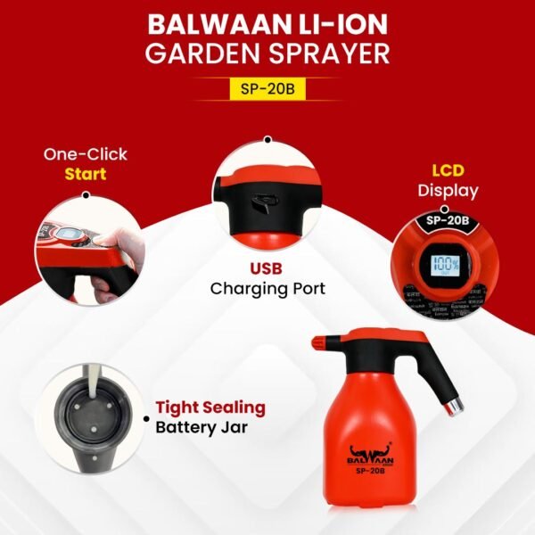 Balwaan SP-20B | 2L Battery Sprayer With Li-ion Battery, 3.7V, USB Rechargeable, Dual Spray Mode - Image 4