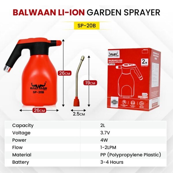Balwaan SP-20B | 2L Battery Sprayer With Li-ion Battery, 3.7V, USB Rechargeable, Dual Spray Mode - Image 2