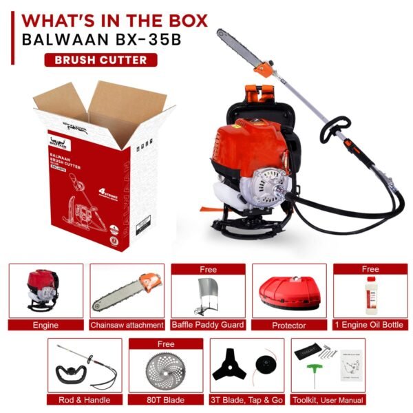 Balwaan BX‑35B Backpack Brush Cutter with Chainsaw & Attachments (35 cc, 4‑Stroke Engine, 5-in-1 Multi‑Tool) - Image 6