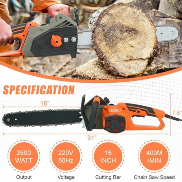 Neptune 2600W Electric Chain Saw (Copper Motor, 16″ Guide Bar, 4,800 RPM, Automatic Oiler) - Image 2