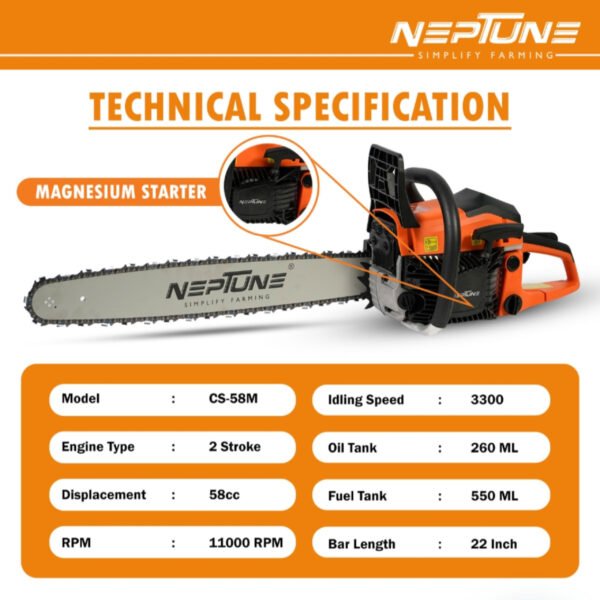 Neptune CS‑58M Magnesium-Body 22″ Petrol Chain Saw (2‑Stroke Engine, Heavy-Duty Bar, Easy Start)) - Image 6