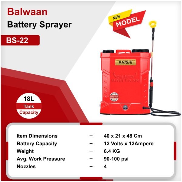 Balwaan Shakti BS‑22 | 12 V × 12 Ah Battery Sprayer |18 L Tank With Single Motor - Image 4