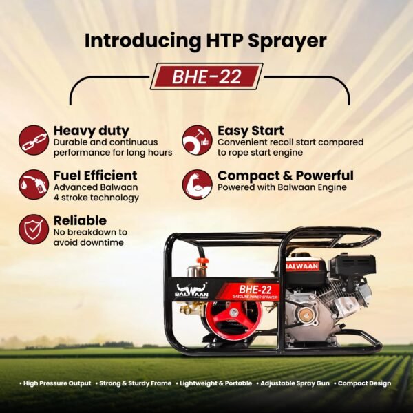 Balwaan BHE-22 No. HTP Sprayer with 6.5HP Engine | 3-Piston Brass Pump, 50 Meter Hose Pipe, Heavy Duty Frame - Image 4