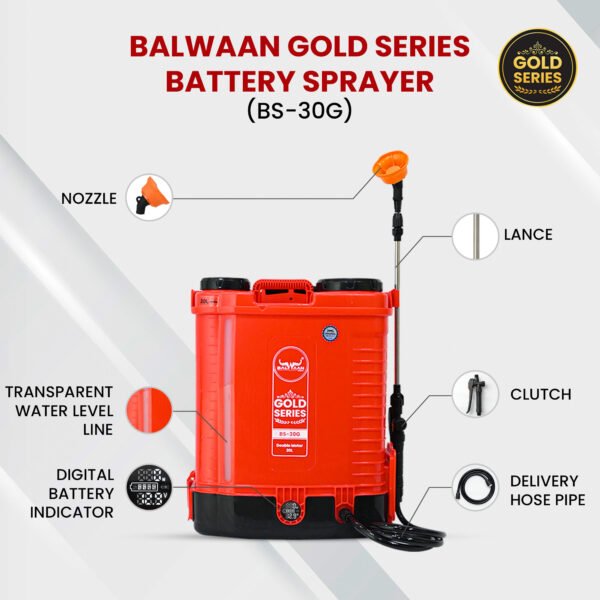 Balwaan BS‑30G Gold Series | Double Motor Battery Sprayer |12V x 12Ah Battery, First Time Digital Indicator, 20L Tank, With  Free LED Bulb with 15ft Cable - Image 4