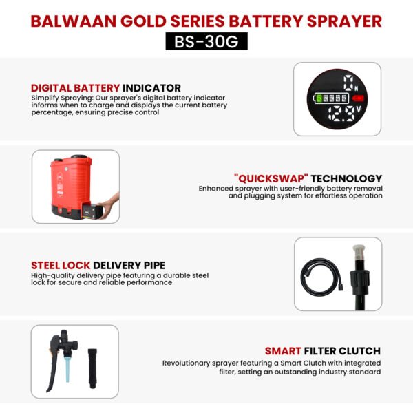 Balwaan BS‑30G Gold Series | Double Motor Battery Sprayer |12V x 12Ah Battery, First Time Digital Indicator, 20L Tank, With  Free LED Bulb with 15ft Cable - Image 5