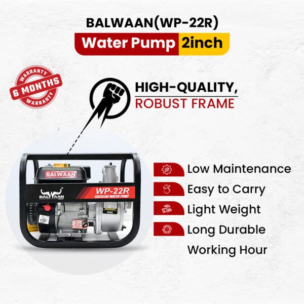 Balwaan WP-22R Petrol Water Pump | 7 HP 4-Stroke Engine, 2 Inch Inlet & Outlet, 30 m Head, 8 m Suction – Heavy Duty Irrigation & Water Transfer Pump - Image 3