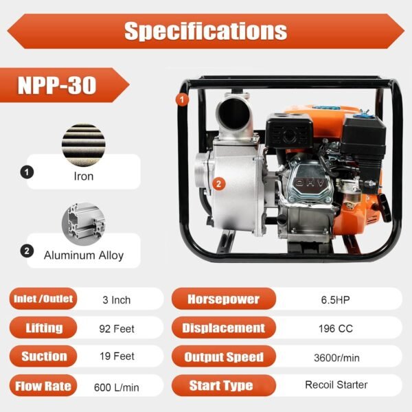 Neptune NPP-30 Petrol Water Pump (6.5 HP, 196 cc, 3″ Inlet/Outlet, 30 m Head, 7 m Suction) - Image 2