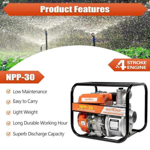 Neptune NPP-30 Petrol Water Pump (6.5 HP, 196 cc, 3″ Inlet/Outlet, 30 m Head, 7 m Suction) - Image 3