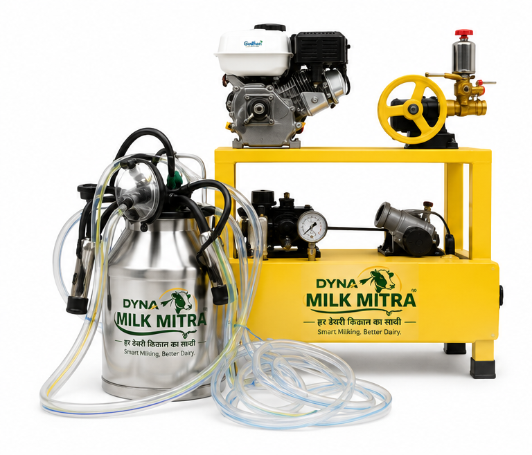 Dyna_Milk_Mitra_Angle_1 Dyna Milk Mitra DF-350 Pro Single Bucket Milking Machine with Engine and HTP – For Cows and Buffaloes - Image 1
