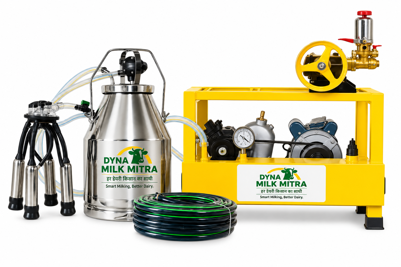 Yellow Dyna Milk Mitra Milking System Dyna Milk Mitra DF-350 Pro Oil Double Power Double Bucket Milking Machine with HTP – For Cows and Buffaloes - Image 1